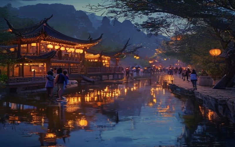 景区夜游古镇漫步场景